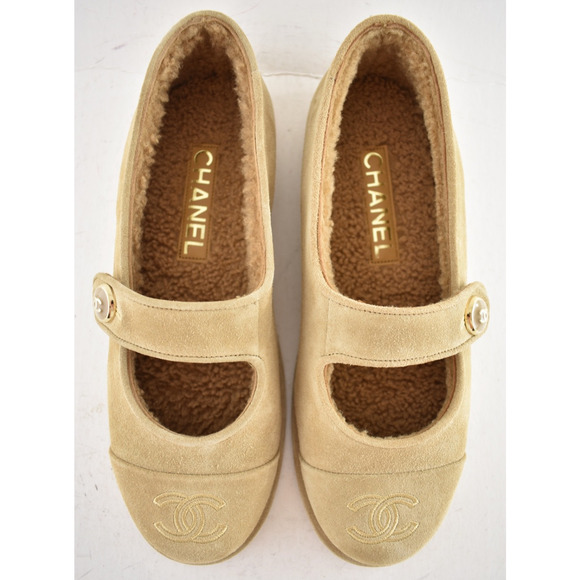 Chanel 25B Beige Suede Shearling Fur Mary Jane Moccasin Ballet Loafer Flat 40.5 - Picture 13 of 16